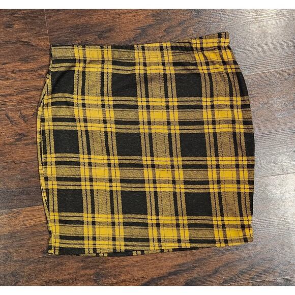 Plaid Skirt Yellow Black Elastic Waist Sz L Adara Clueless Y2K Preppy Grunge - Picture 1 of 5